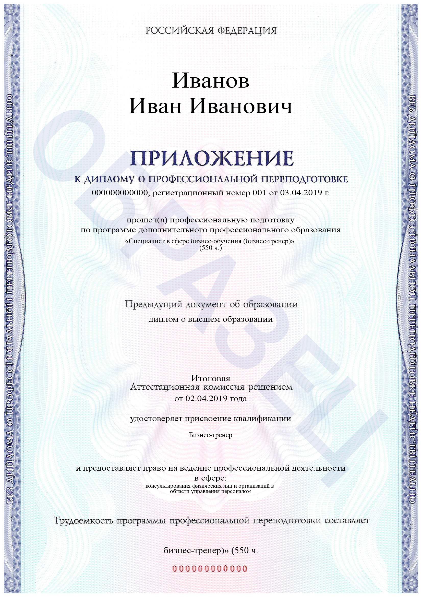 Приложение №1 к диплому. Программа обучения: «Специалист в сфере бизнес-обучения (бизнес-тренер)» с присвоением квалификации «Бизнес-тренер» Приложение №1 к диплому. Программа обучения: «Специалист в сфере бизнес-обучения (бизнес-тренер)» с присвоением квалификации «Бизнес-тренер»