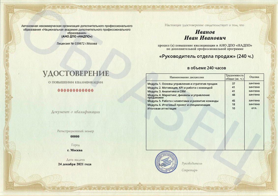 Образец удостоверения о повышении квалификации