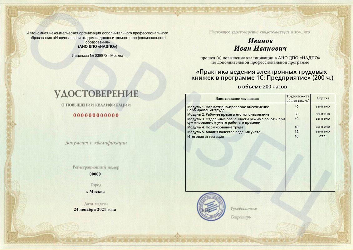 Образец удостоверения о повышении квалификации