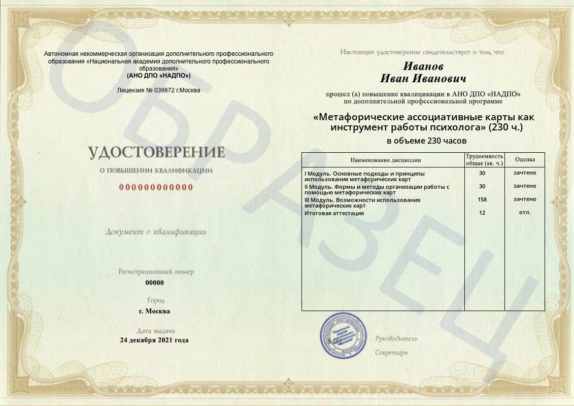 Образец удостоверения о повышении квалификации