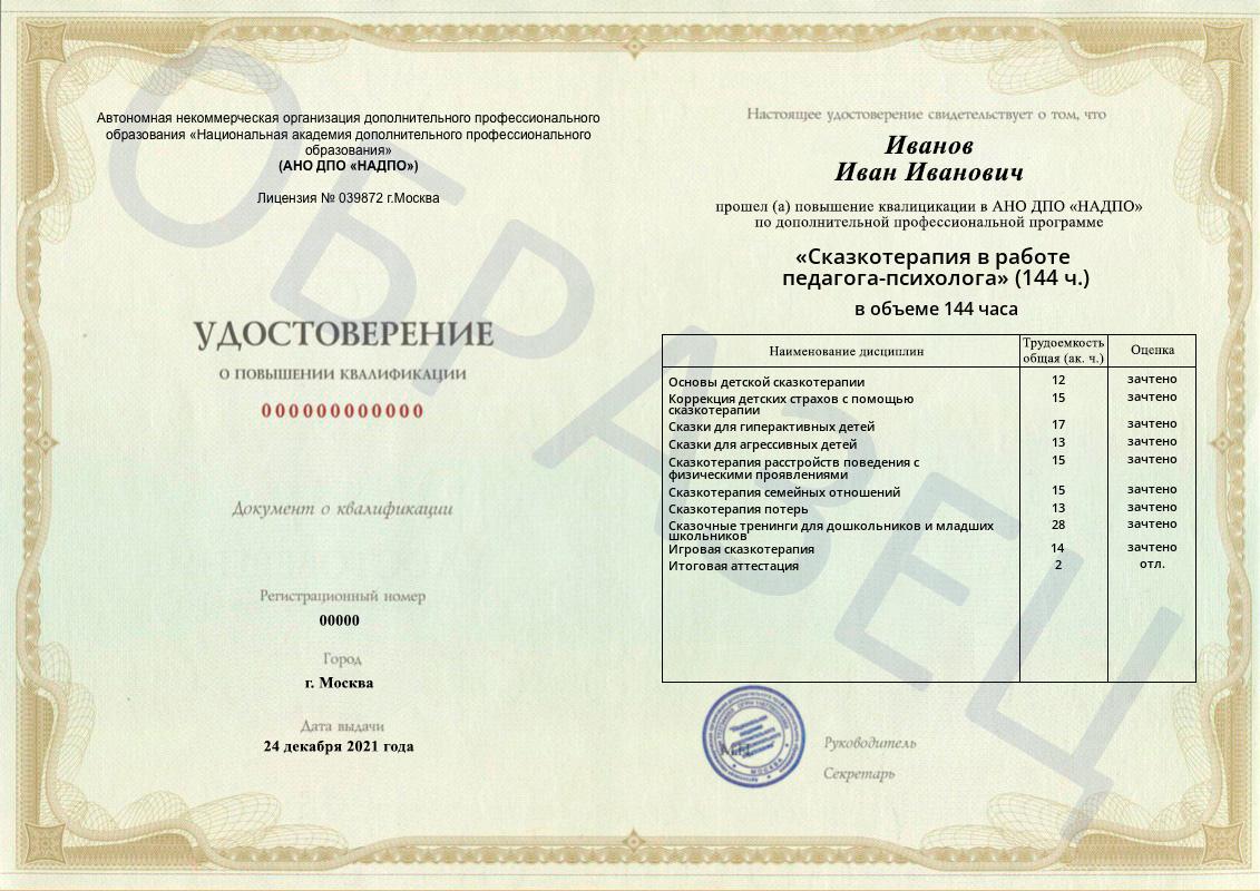 Диплом НАДПО по программе «Сказкотерапия в работе педагога-психолога» Диплом НАДПО по программе «Сказкотерапия в работе педагога-психолога»