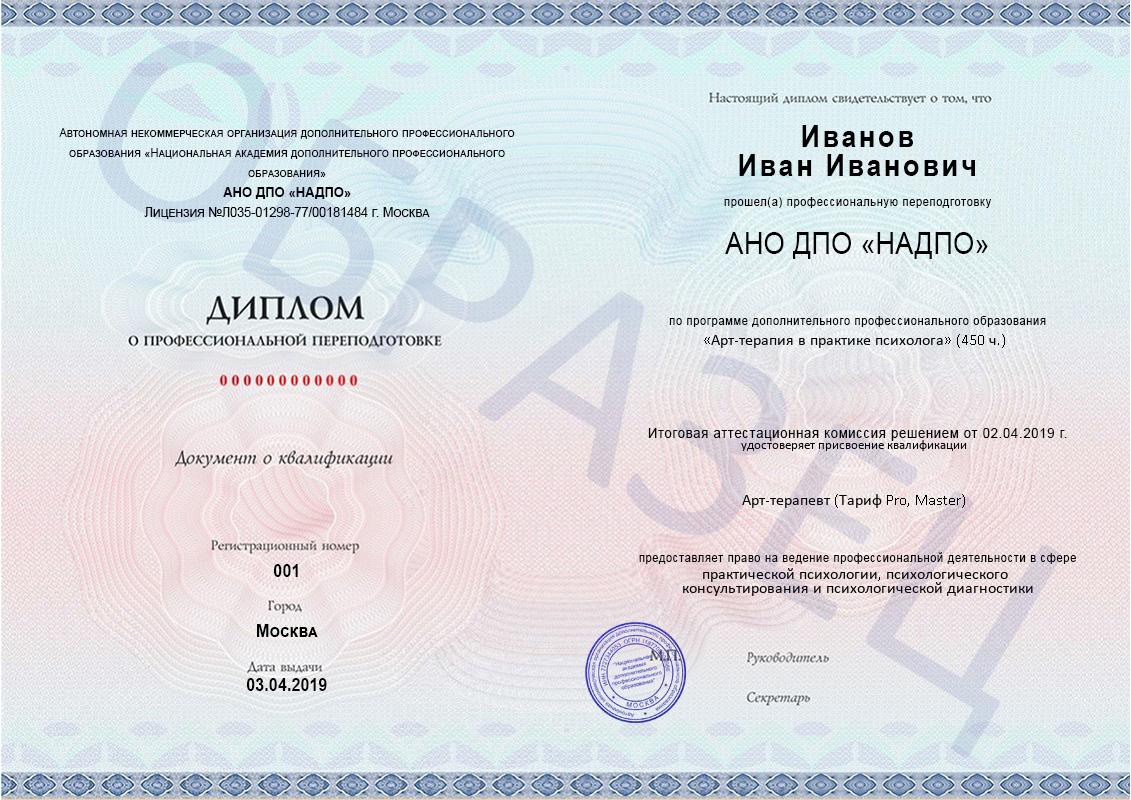 Диплом НАДПО по программе «Арт-терапия в практике психолога» с присвоением квалификации «Арт-терапевт» Диплом НАДПО по программе «Арт-терапия в практике психолога» с присвоением квалификации «Арт-терапевт»