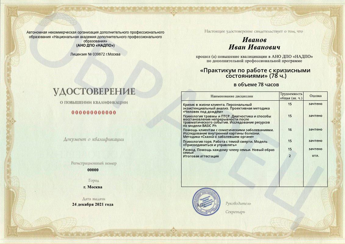 Образец удостоверения о повышении квалификации